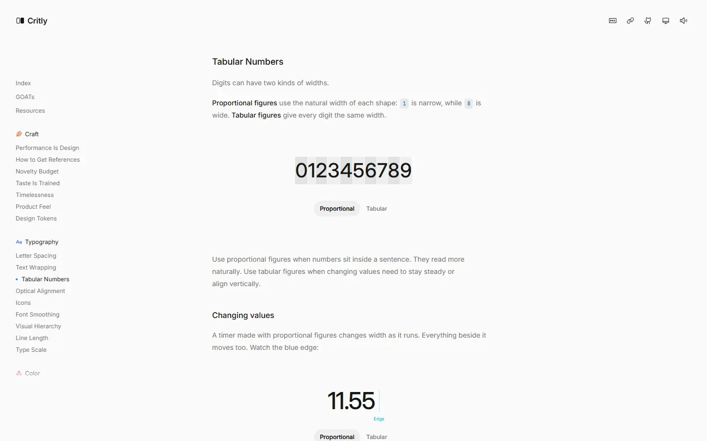 Critly concept page about tabular numbers with a toggleable demo