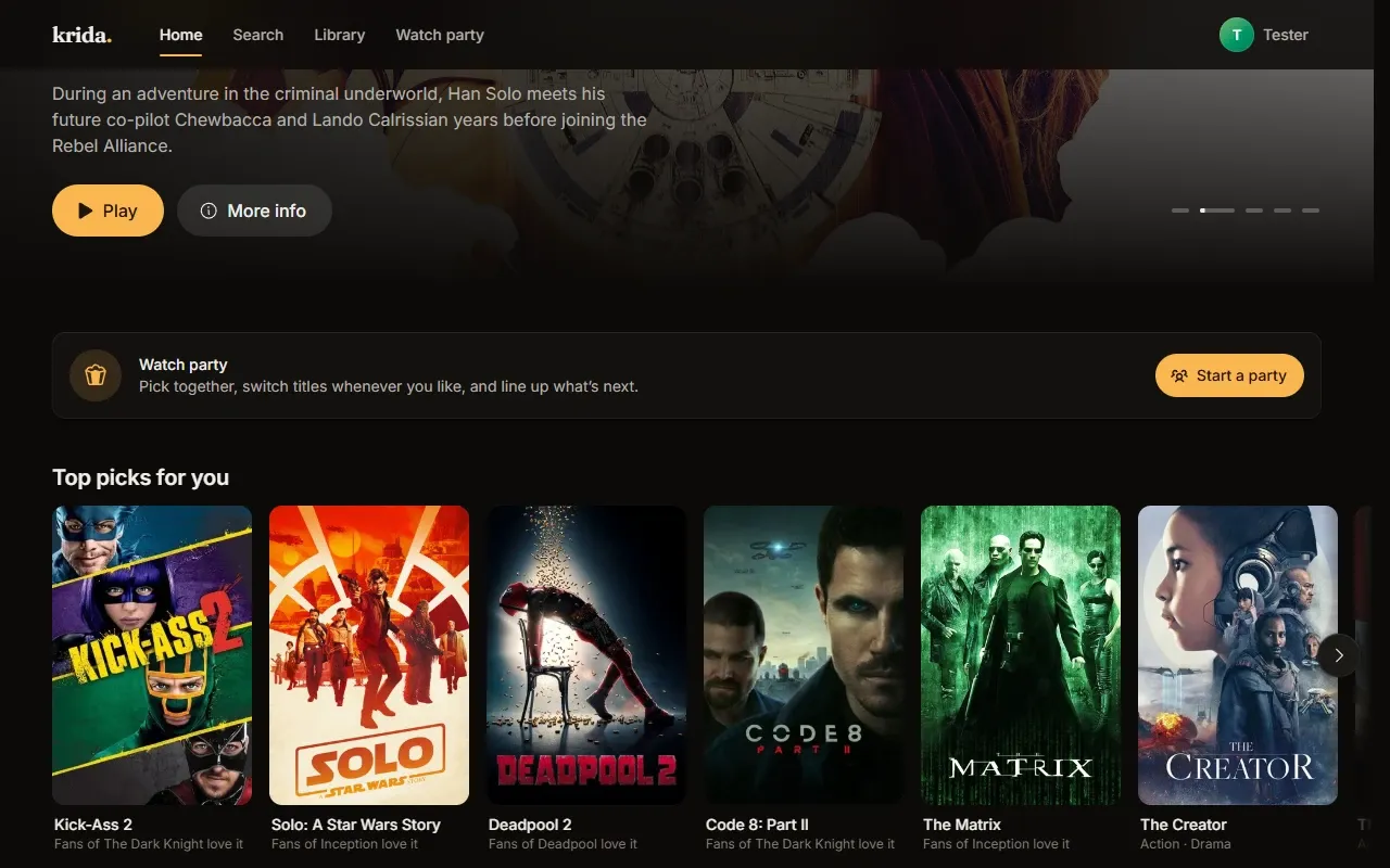 Krida home screen with a featured title, a watch party prompt and a row of top picks