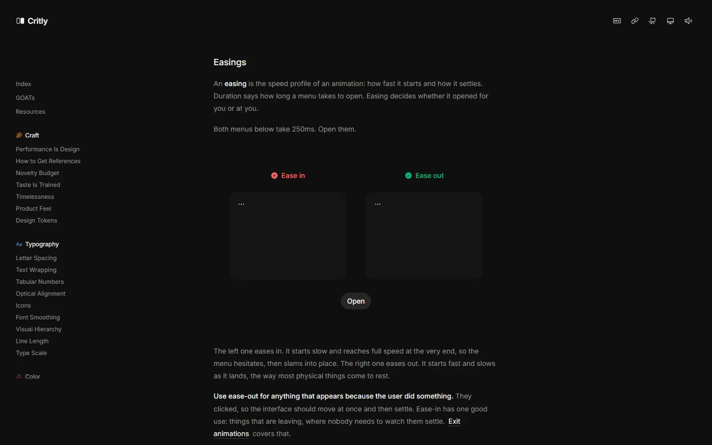 Critly easing concept in dark mode comparing ease-in and ease-out