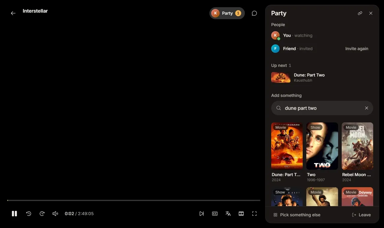 Krida player with the party panel open, showing who is watching, an up next queue and search