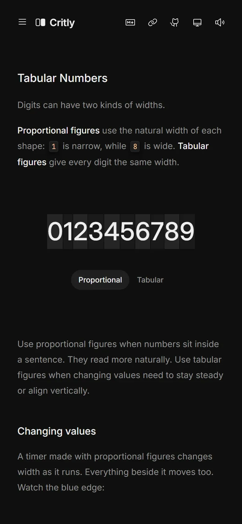 Critly concept page on a phone in dark mode