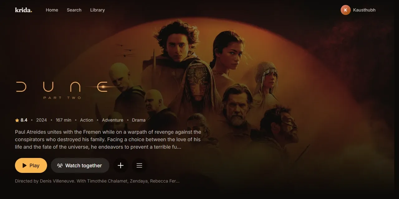 Krida title page for Dune Part Two with play and watch together buttons