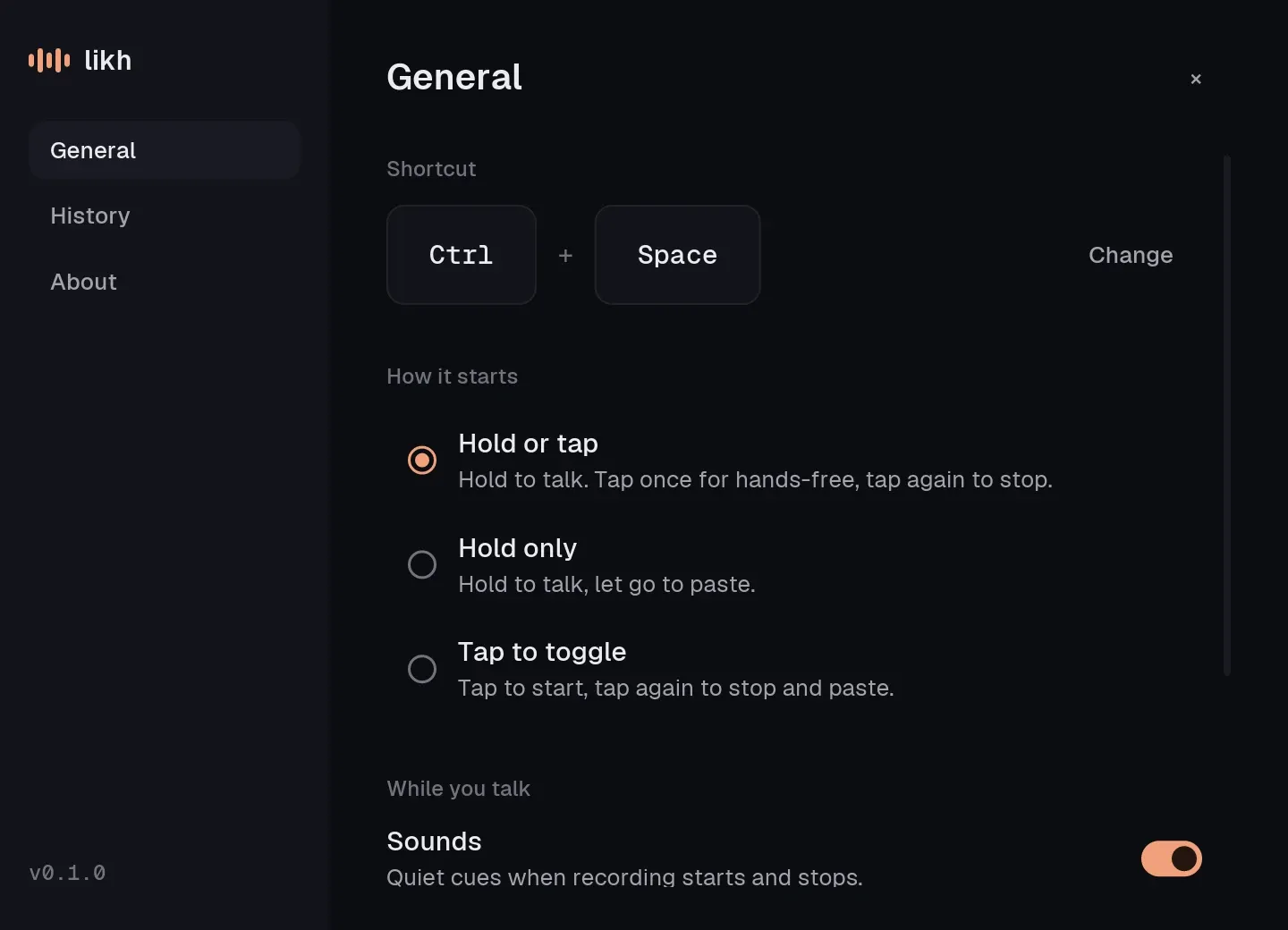Likh settings showing the Ctrl plus Space shortcut and three ways to start recording