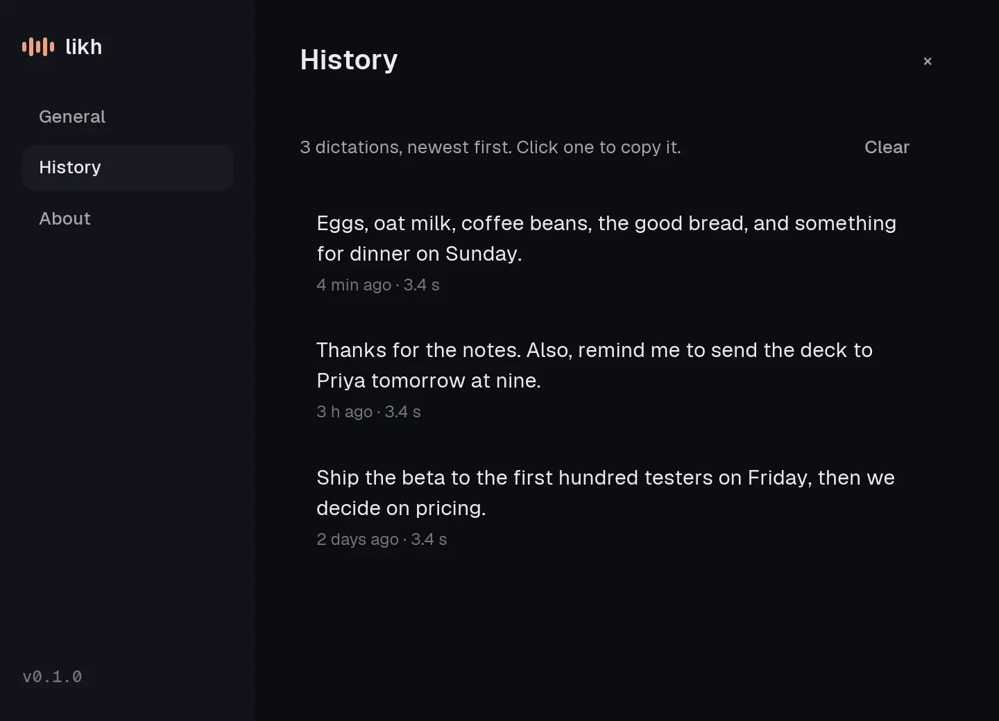 Likh history list of recent dictations