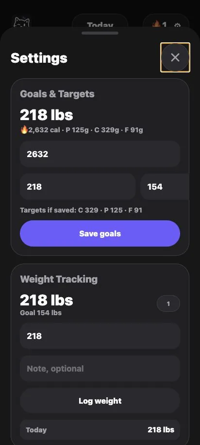 Amy settings screen with calorie, protein, carbohydrate, and fat goals