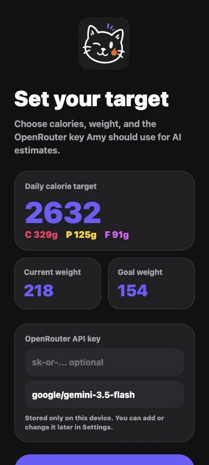 Amy onboarding screen for choosing a daily calorie target