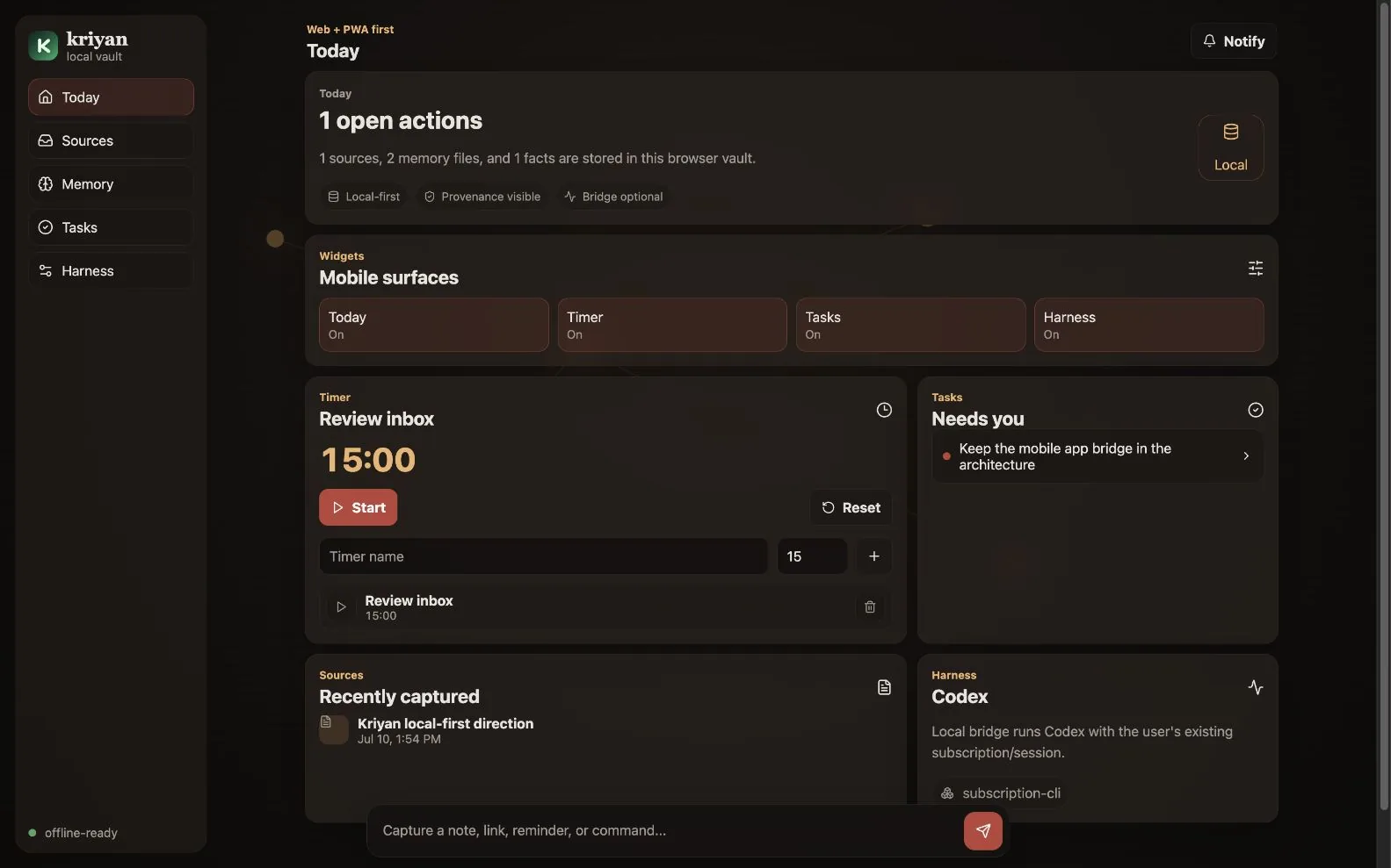 Kriyan Today dashboard showing current work, captured context, and a command composer