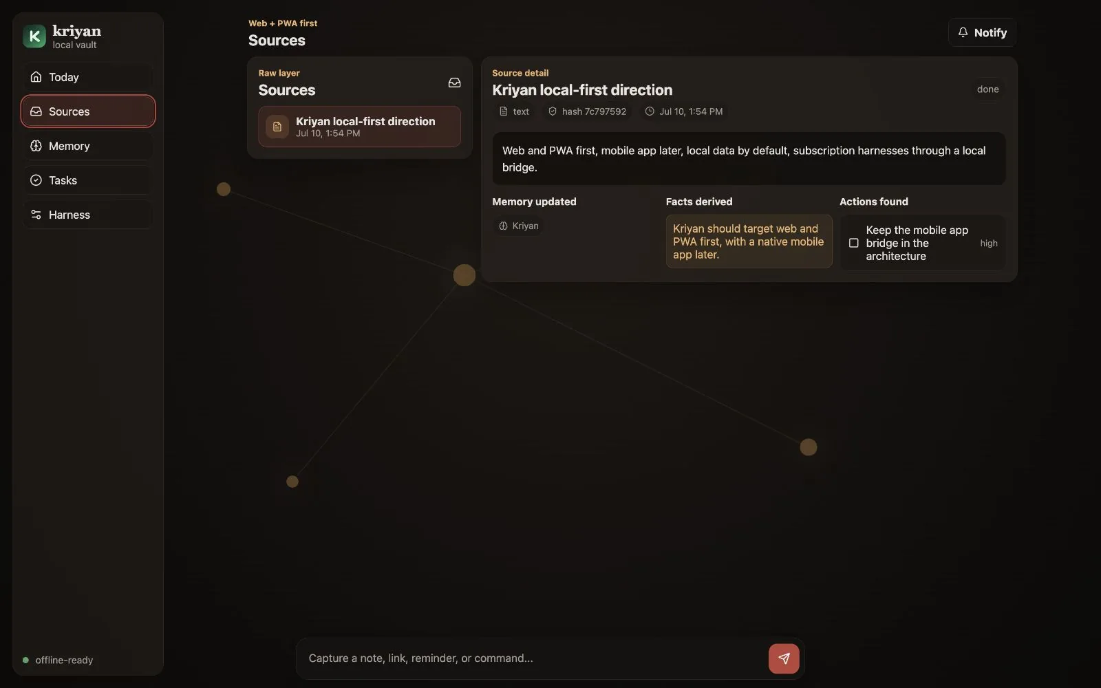 Kriyan Sources screen listing connected services and their sync status