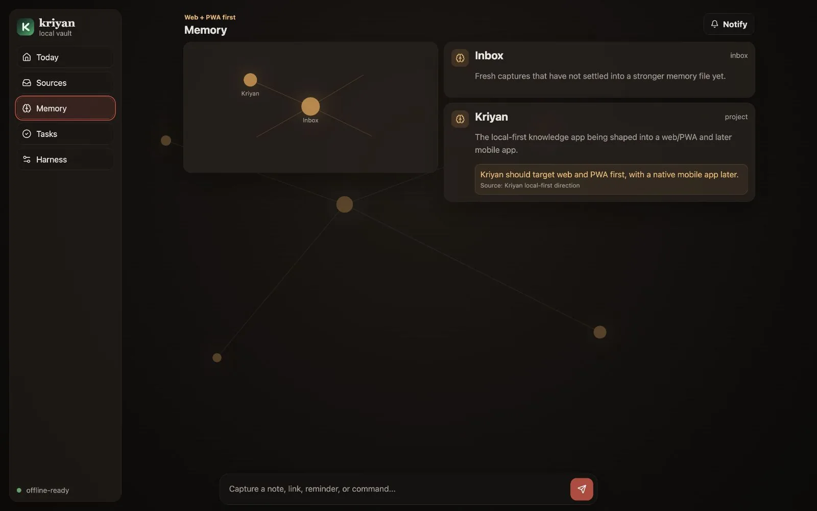 Kriyan Memory screen showing retained context and its supporting evidence
