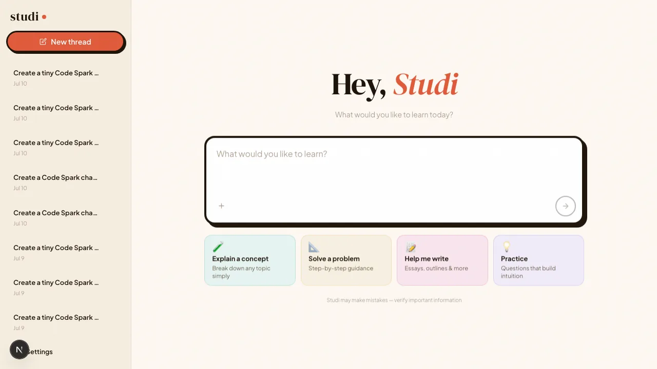 Studi tutor home screen with conversation history and a central message composer
