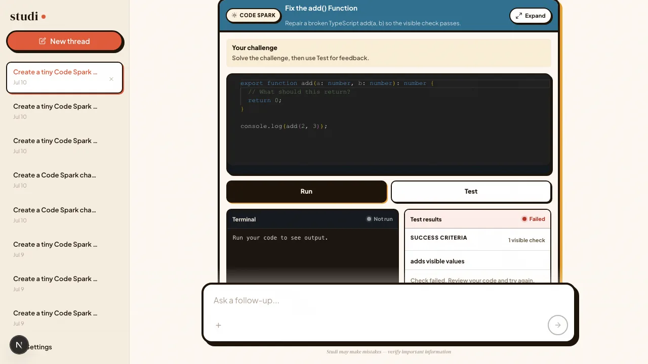 Studi conversation with an inline Code Spark, terminal controls, and test results