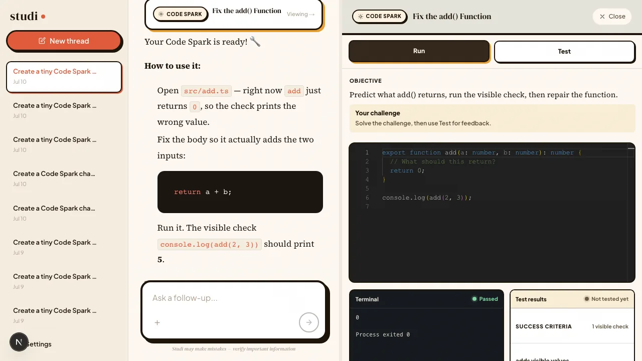 Expanded Studi Code Spark workspace with tutor context, editor, preview, and terminal
